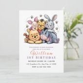 Whimsical Pooh & Friends Birthday Einladung (Stehend Vorderseite)