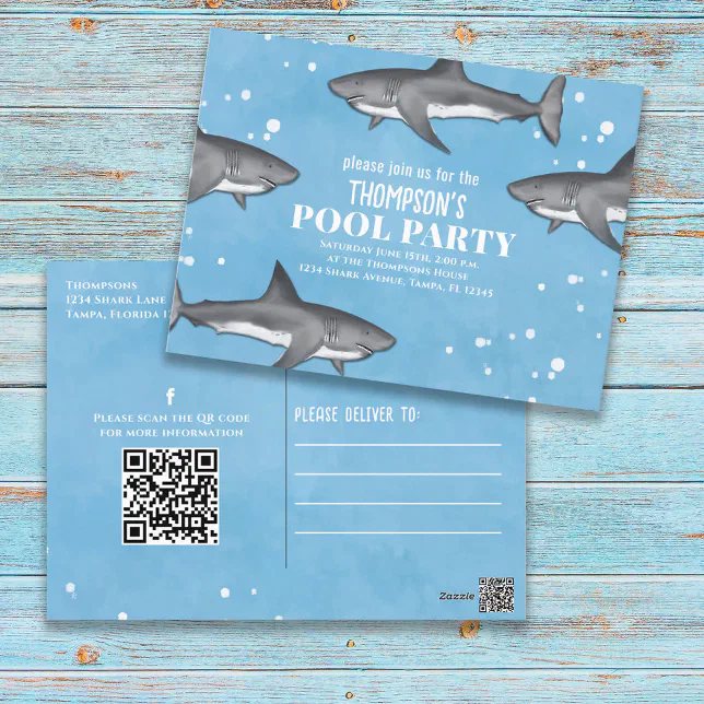 Whimsical Pool Party Haie QR Code Social Media Postkarte | Zazzle.de