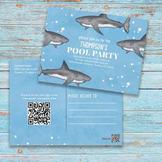Whimsical Pool Party Haie QR-Code-Website Postkarte