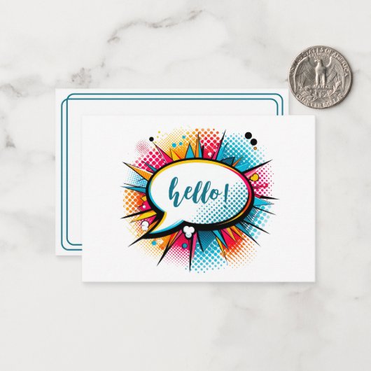 Whimsical Pop Art "Hello" Flat Mitteilungskarte (Vorderseite/Rückseite Beispiel)