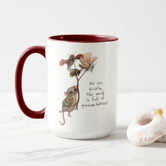 Whimsical Possum Moth and Bee Kid's Farewell Card Tasse (Mit Donut)