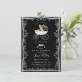 Whimsical Pram Baby Dusche Einladung (Stehend Vorderseite)