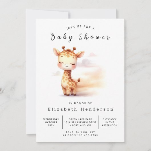 Whimsical Printable Giraffe Baby Dusche Einladung (Vorderseite)