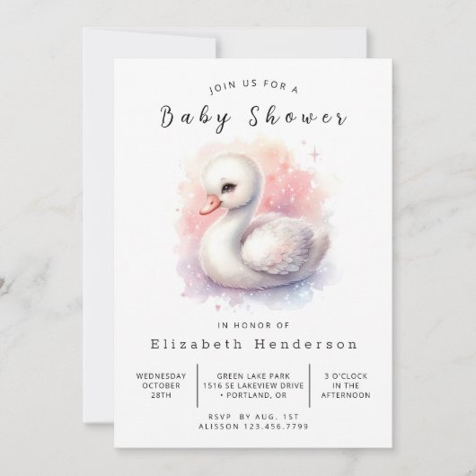 Whimsical Printable Swan Baby Dusche Einladung (Vorderseite)