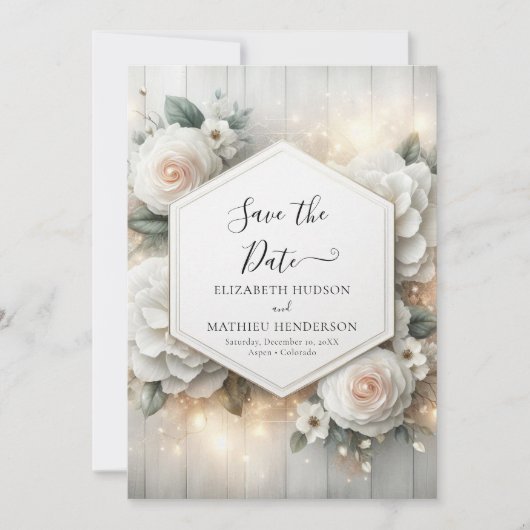 Whimsical Printable White Roses Wedding Save The Date (Vorderseite)