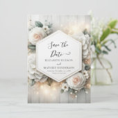 Whimsical Printable White Roses Wedding Save The Date (Stehend Vorderseite)