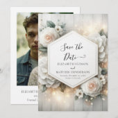 Whimsical Printable White Roses Wedding Save The Date (Vorne/Hinten)