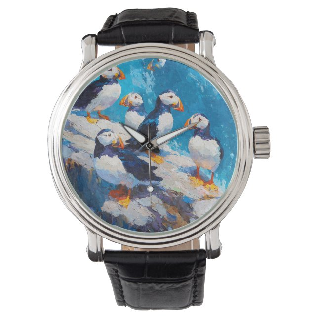Whimsical Puffin Ocean Blue Armbanduhr (Vorderseite)