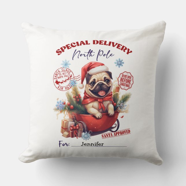 Whimsical Pug Christmas Throw Pillow Kissen (Vorderseite)