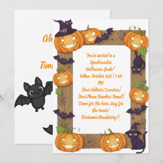 Whimsical Pumpkin and Black Cat Halloween Invite Feiertagskarte