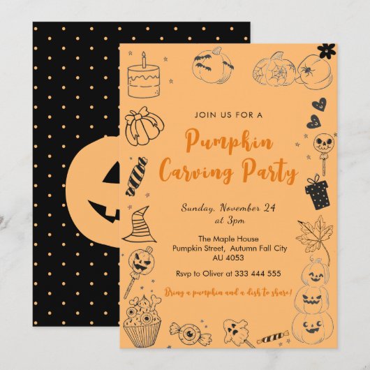 Whimsical Pumpkin Doodle Carving Party Einladung (Vorne/Hinten)