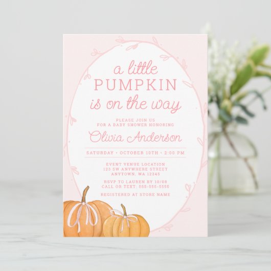 Whimsical Pumpkin Pink Girl Baby Dusche Einladung (Stehend Vorderseite)