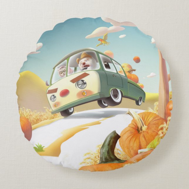 Whimsical Pumpkin Ride Rundes Kissen (Vorderseite)