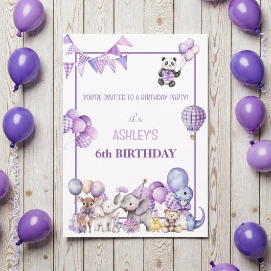 Whimsical Purple Animals Birthday  Invitation Einladung