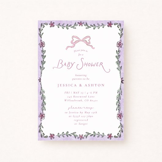 Whimsical Purple Floral Frame Baby Shower  Einladung