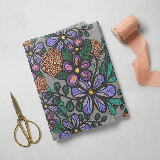 Whimsical Purple Peach Floral Doodle Art Pattern Seidenpapier