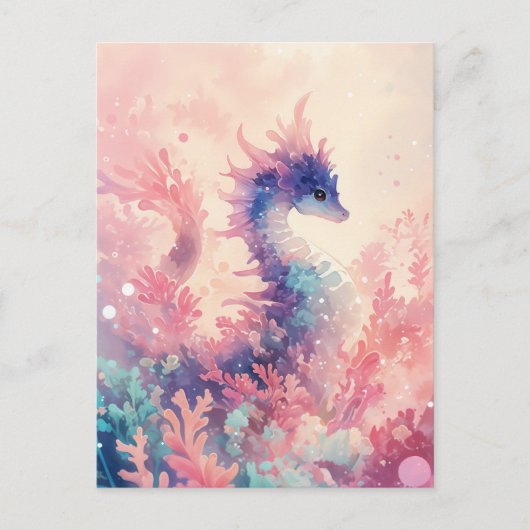 Whimsical Purple Seahorse in Pink Coral Postkarte (Vorderseite)