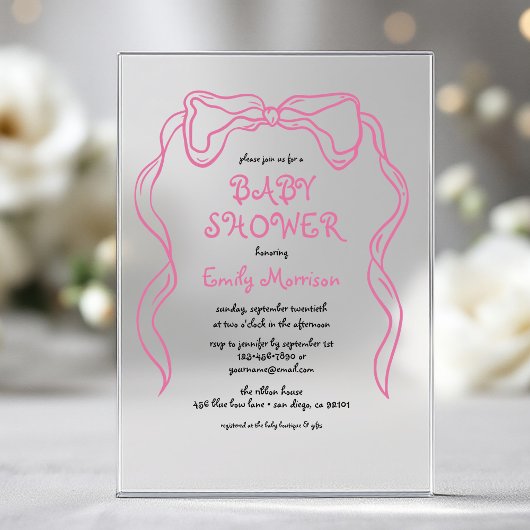 Whimsical Quirky Blush Pink Bow Baby Dusche Acryleinladungen