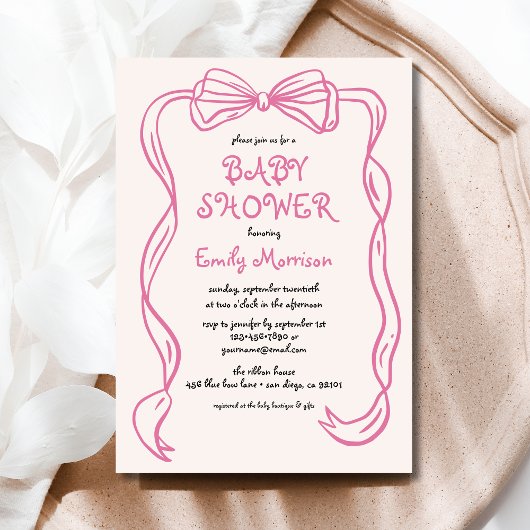 Whimsical Quirky Blush Pink Bow Baby Dusche Einladung