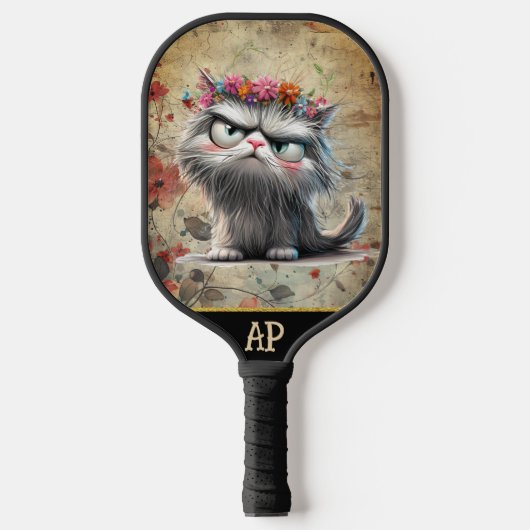 *~* Whimsical Quirky Cat AP68 Floral 2 FOTO Pickleball Schläger (Vorderseite)