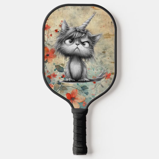 *~* Whimsical Quirky Cat AP68 Floral 3 FOTO Pickleball Schläger (Vorderseite)