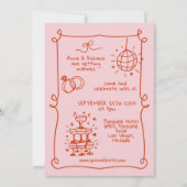 Whimsical Quirky Doodle französisch rosa Hochzeit Einladung (Vorderseite)