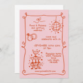 Whimsical Quirky Doodle französisch rosa Hochzeit Einladung (Vorne/Hinten)