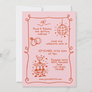 Whimsical Quirky Doodle französisch rosa Hochzeit Einladung