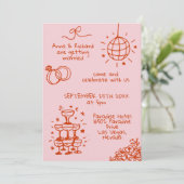 Whimsical Quirky Doodle Fun Pink Red Wedding Einladung (Stehend Vorderseite)