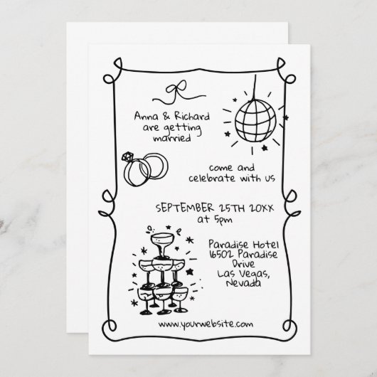 Whimsical Quirky Doodle Rahmen Französisch Retro H Einladung (Vorne/Hinten)