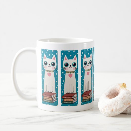 Whimsical Quirky Doodle White Cat and Books Kaffeetasse (Mit Donut)
