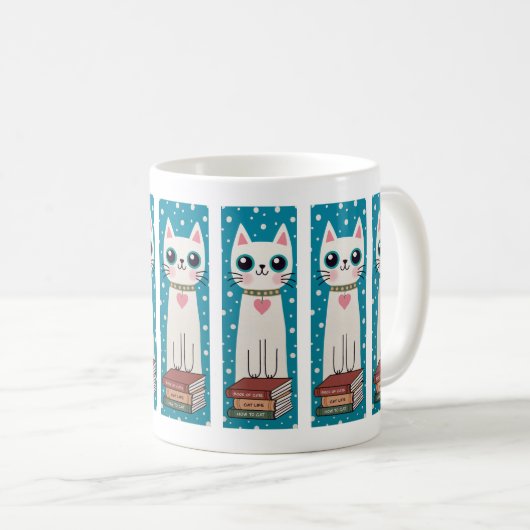 Whimsical Quirky Doodle White Cat and Books Kaffeetasse (VorderseiteRechts)