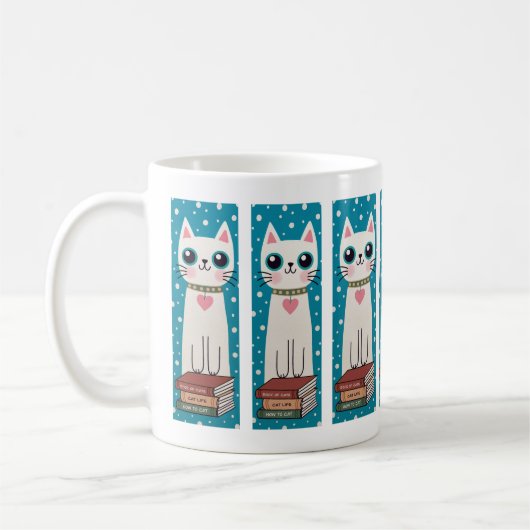 Whimsical Quirky Doodle White Cat and Books Kaffeetasse (Links)