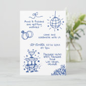 Whimsical Quirky French Doodle Foto Blue Wedding Einladung (Stehend Vorderseite)