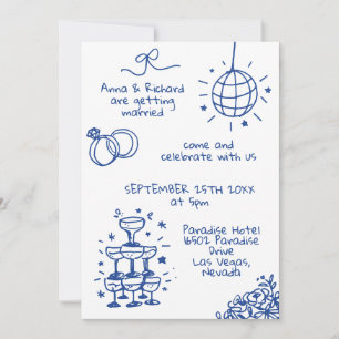 Whimsical Quirky French Doodle Foto Blue Wedding Einladung