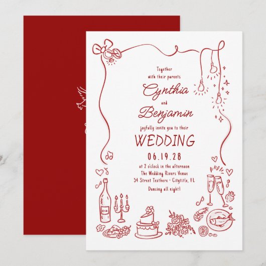 Whimsical Quirky Funky Hand Drawn Wedding Einladung (Vorne/Hinten)