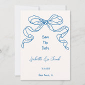 Whimsical Quirky Hand Drawn Blue Bow Save the Date Einladung (Vorderseite)