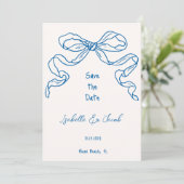 Whimsical Quirky Hand Drawn Blue Bow Save the Date Einladung (Stehend Vorderseite)