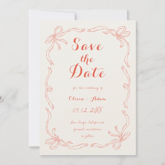Whimsical Quirky Hand Drawn Bow Orange Save The Date (Vorderseite)