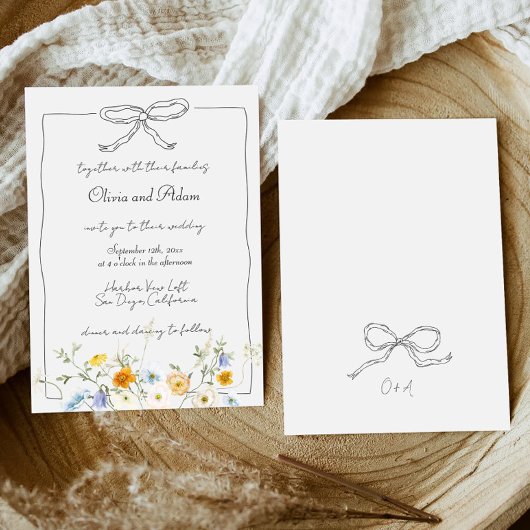 Whimsical Quirky Hand Drawn Bow Wildblume Hochzeit Einladung
