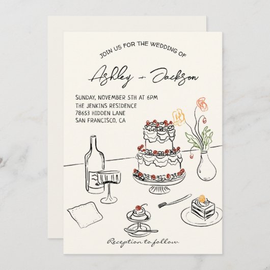 Whimsical Quirky Hand Drawn Cake Wedding Einladung (Vorne/Hinten)