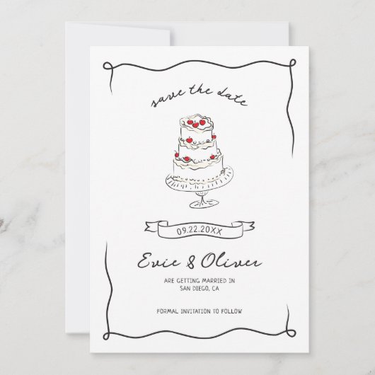 Whimsical Quirky Hand Drawn Cherry Cake Wedding Save The Date (Vorderseite)
