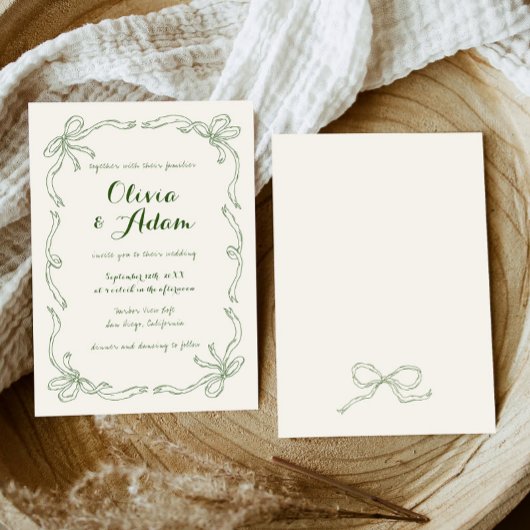 Whimsical Quirky Hand Drawn Green Bow Wedding Einladung