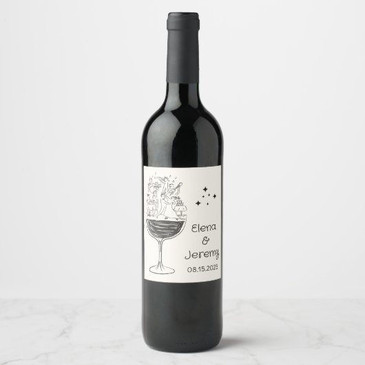 Whimsical Quirky Hand Drawn Wedding Wine Label Weinetikett (Vorderseite)