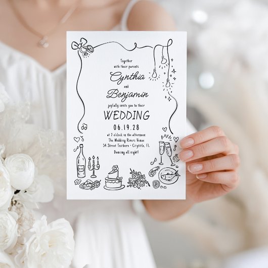 Whimsical Quirky Hand gezeichnet Doodles Wedding Einladung