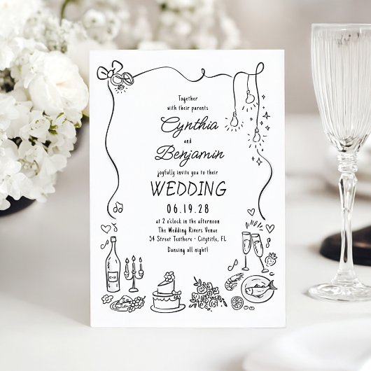 Whimsical Quirky Hand gezeichnet Doodles Wedding Einladung