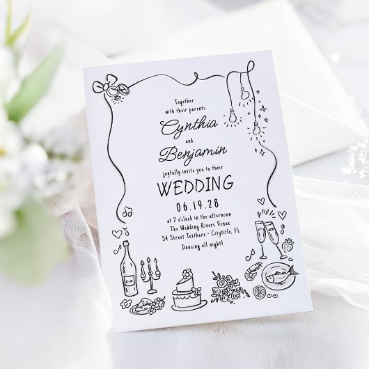 Whimsical Quirky Hand gezeichnet Doodles Wedding Einladung