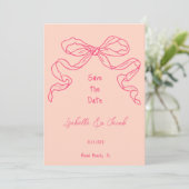 Whimsical Quirky Hand gezogen Rosa Bow Save the Da Einladung (Stehend Vorderseite)