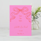 Whimsical Quirky Hand gezogen Rosa Bow Save the Da Einladung (Stehend Vorderseite)