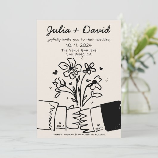 Whimsical Quirky handgeschriebene Blumenhochzeit Einladung (Stehend Vorderseite)